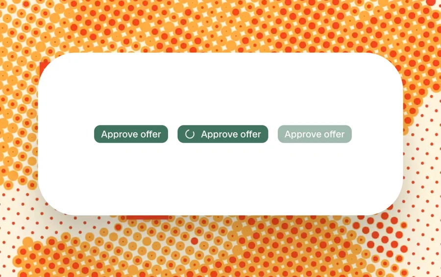 An Approve offer button shown in three states — resting, loading with a spinner, and disabled — on a white card over a field of orange and red halftone dots.